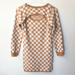 Princess Polly Checkerboard Sweater Dress with Front Cutout - Tan/White - M/L